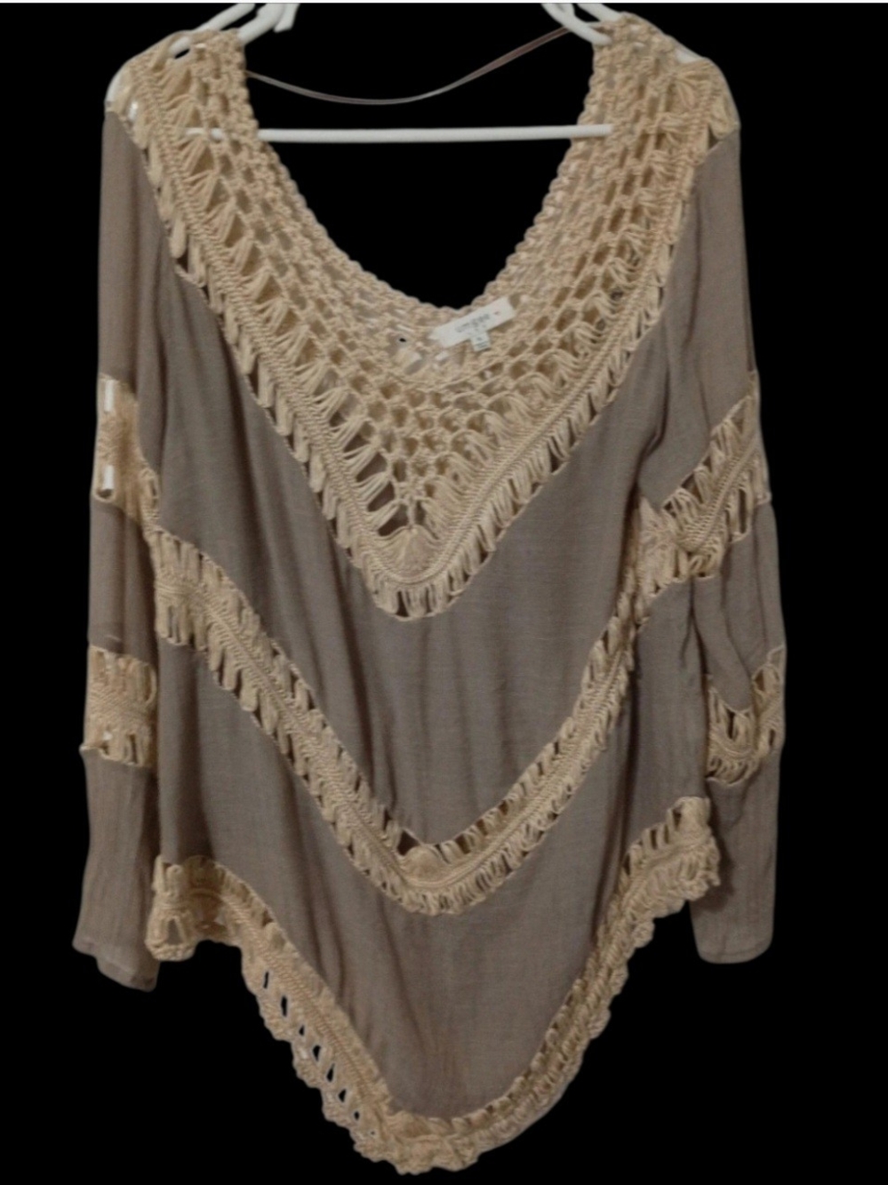 Umgee Taupe Boho Tunic with Cream Crochet Trim